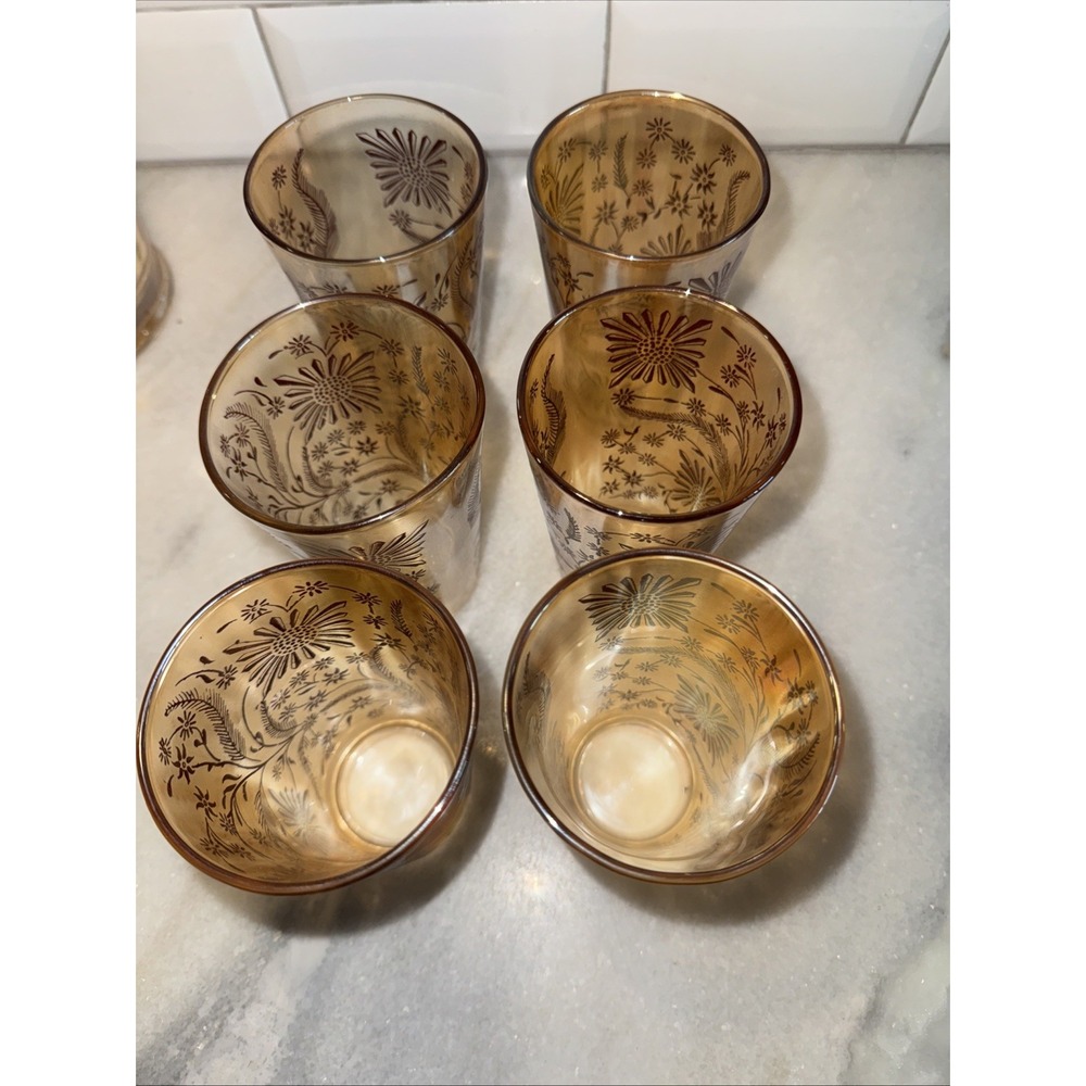 VtgJeanette Marigold Carnival Glass Cosmos Pitcher /6 Glasses 1950's MCMGW0051 - Picture 4 of 14